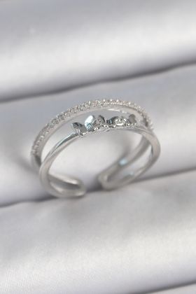 Pirinç Gümüş Renk 2'Li Zirkon Taş Detaylı Kelebek Figür Ayarlanabilir Model Kadın Yüzük - TJ-BYK3732