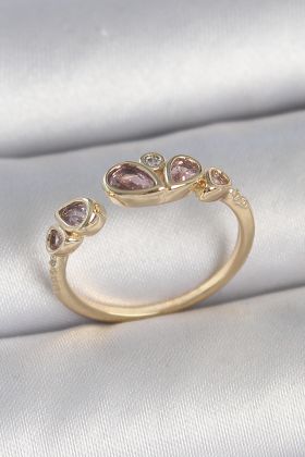 Pirinç Gold Renk Pembe Damla Zirkon Taşlı Ayarlanabilir Kadın Yüzük - TJ-BYK3735