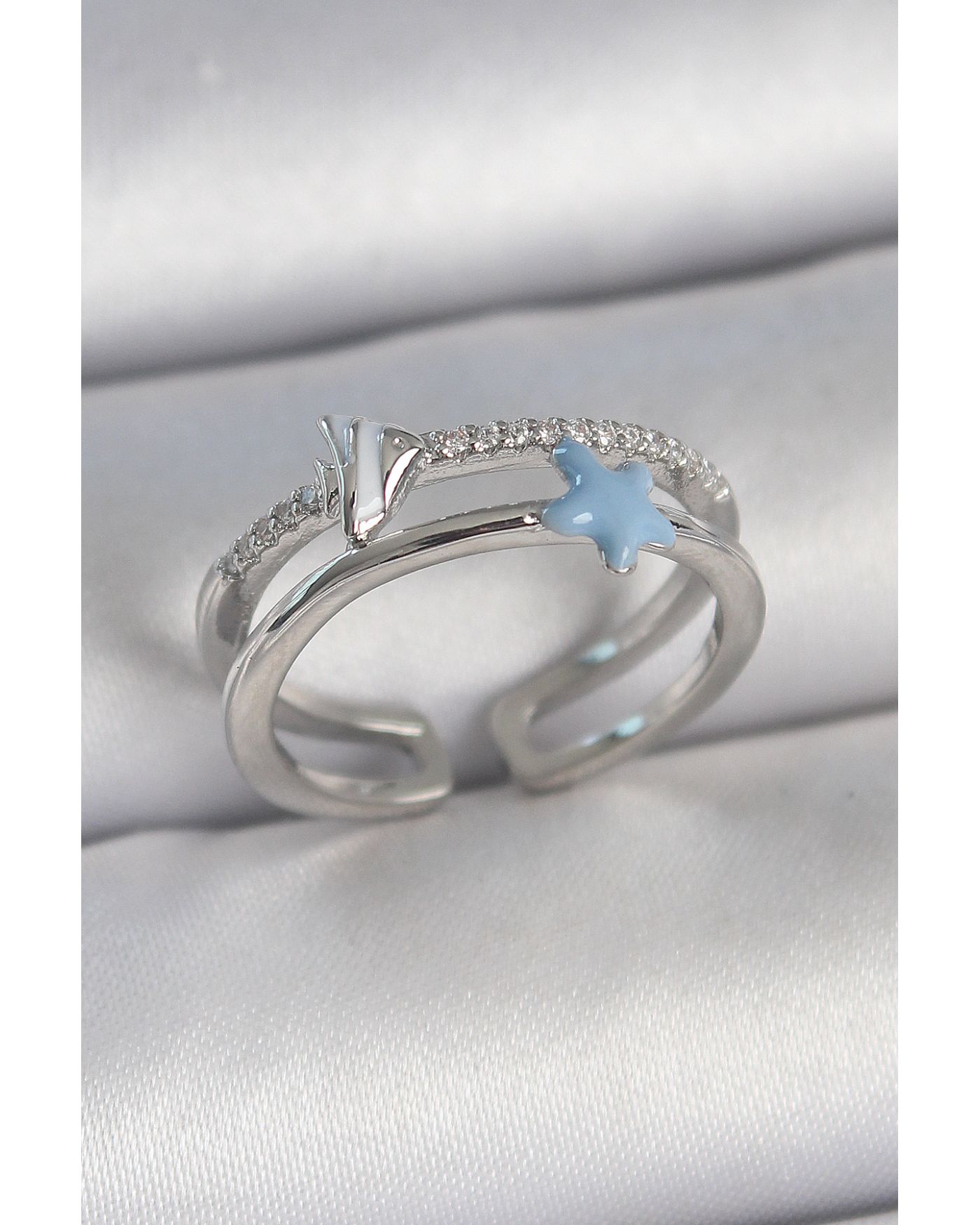 Pirinç Gümüş Renk 2'Li Zirkon Taşlı Mavi Yıldız Figür Ayarlanabilir Kadın Yüzük - TJ-BYK3738