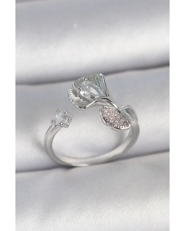 Pirinç Gümüş Renk Zirkon Taşlı Deniz Kabuğu Model Ayarlanabilir Kadın Yüzük - TJ-BYK3740