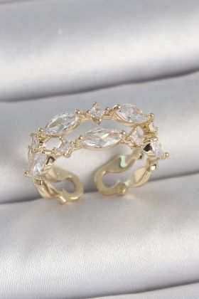 Pirinç Gold Renk 2'Li Damla Zirkon Taşlı Ayarlanabilir Kadın Yüzük - TJ-BYK3749