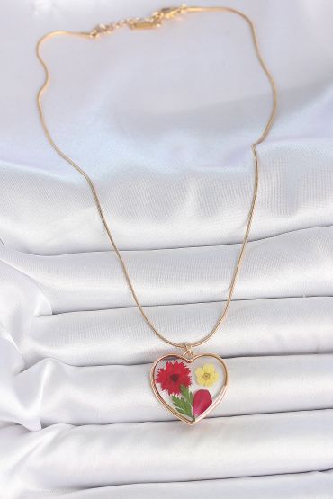 316L Çelik Gold Renk Zincir Epokis Kalp Doğal Çiçek Model Kadın Kolye - TJ-BKO10068