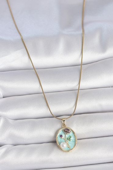 316L Çelik Gold Renk Zincir Mavi Çiçek İşlemeli İnci Detay Portre Model Kadın Kolye - TJ-BKO10076