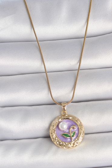 316L Çelik Gold Renk Zincir Mor Çiçek İşlemeli İnci Detay Potre Model Kadın Kolye - TJ-BKO10081