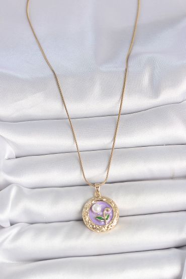 316L Çelik Gold Renk Zincir Mor Çiçek İşlemeli İnci Detay Potre Model Kadın Kolye - TJ-BKO10081