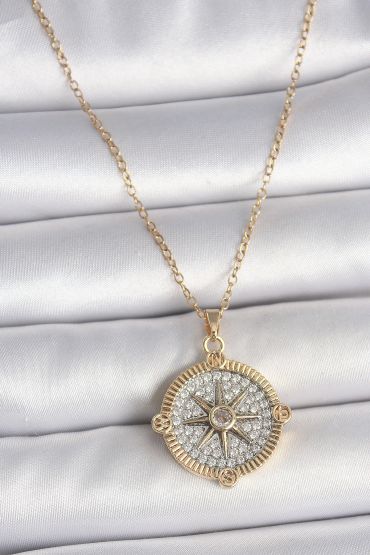 316L Çelik Gold Renk Zirkon Taşlı Pusula Model Kadın Kolye - TJ-BKO10093
