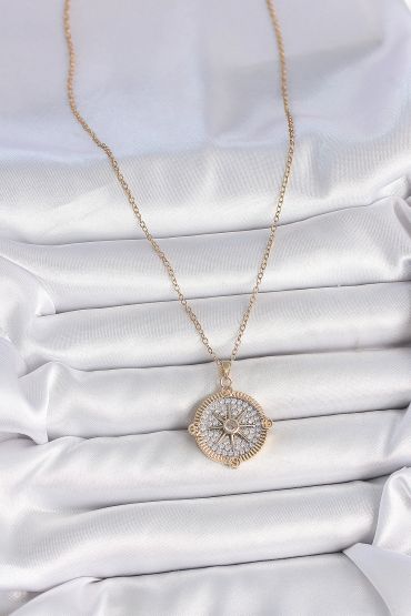316L Çelik Gold Renk Zirkon Taşlı Pusula Model Kadın Kolye - TJ-BKO10093