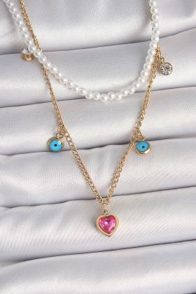 316L Çelik Gold Renk 2'Li İnci Zincir Model Pembe Taşlı Kalp Figür Nazar Boncuk Detay Kadın Kolye - TJ-BKO10112