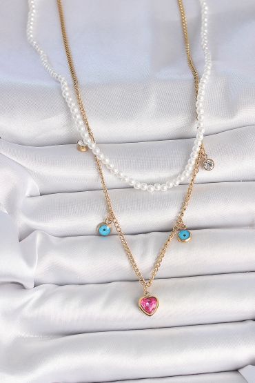 316L Çelik Gold Renk 2'Li İnci Zincir Model Pembe Taşlı Kalp Figür Nazar Boncuk Detay Kadın Kolye - TJ-BKO10112