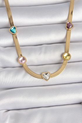 316L Çelik Gold Renk İtalyan Zincir Renkli Zirkon Taşlı Kalp Figür Kadın Kolye - TJ-BKO10117