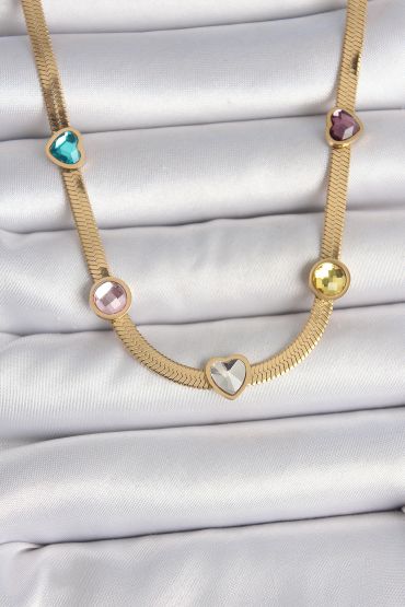 316L Çelik Gold Renk İtalyan Zincir Renkli Zirkon Taşlı Kalp Figür Kadın Kolye - TJ-BKO10117