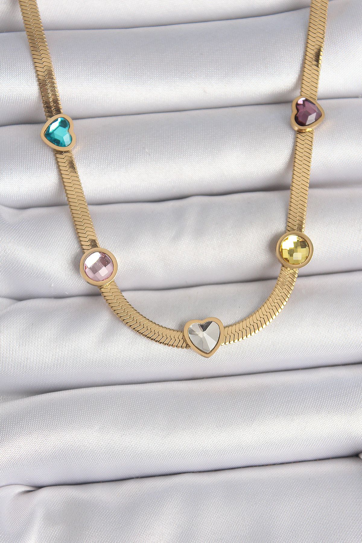 316L Çelik Gold Renk İtalyan Zincir Renkli Zirkon Taşlı Kalp Figür Kadın Kolye - TJ-BKO10117