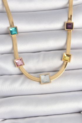 316L Çelik Gold Renk İtalyan Zincir Model Kare Renkli Zirkon Taşlı Kadın Kolye - TJ-BKO10118