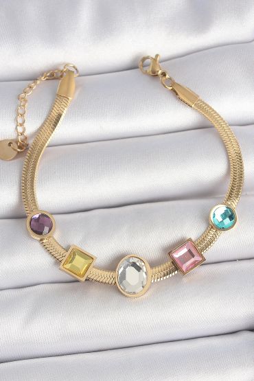316L Çelik Gold Renk İtalyan Zincir Renkli Zirkon Taşlı Kadın Bileklik - TJ-BB6956