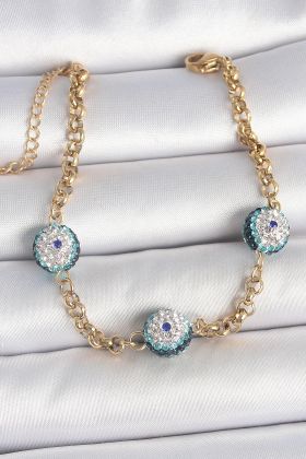 316L Çelik Gold Renk Zirkon Taşlı Nazar Boncuk Model Kadı Bileklik - TJ-BB6958