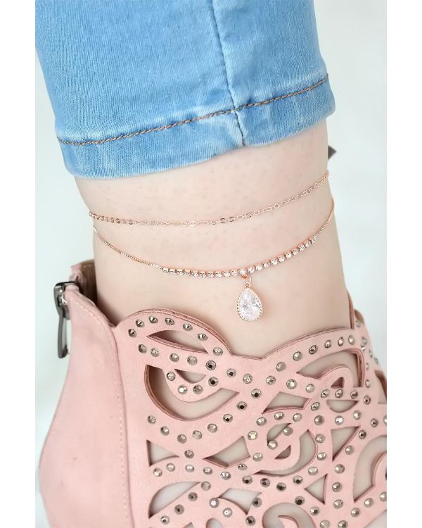 Rose Renk Çift Zincirli Damla Taşlı Hal Hal - TJ-HH821-KS