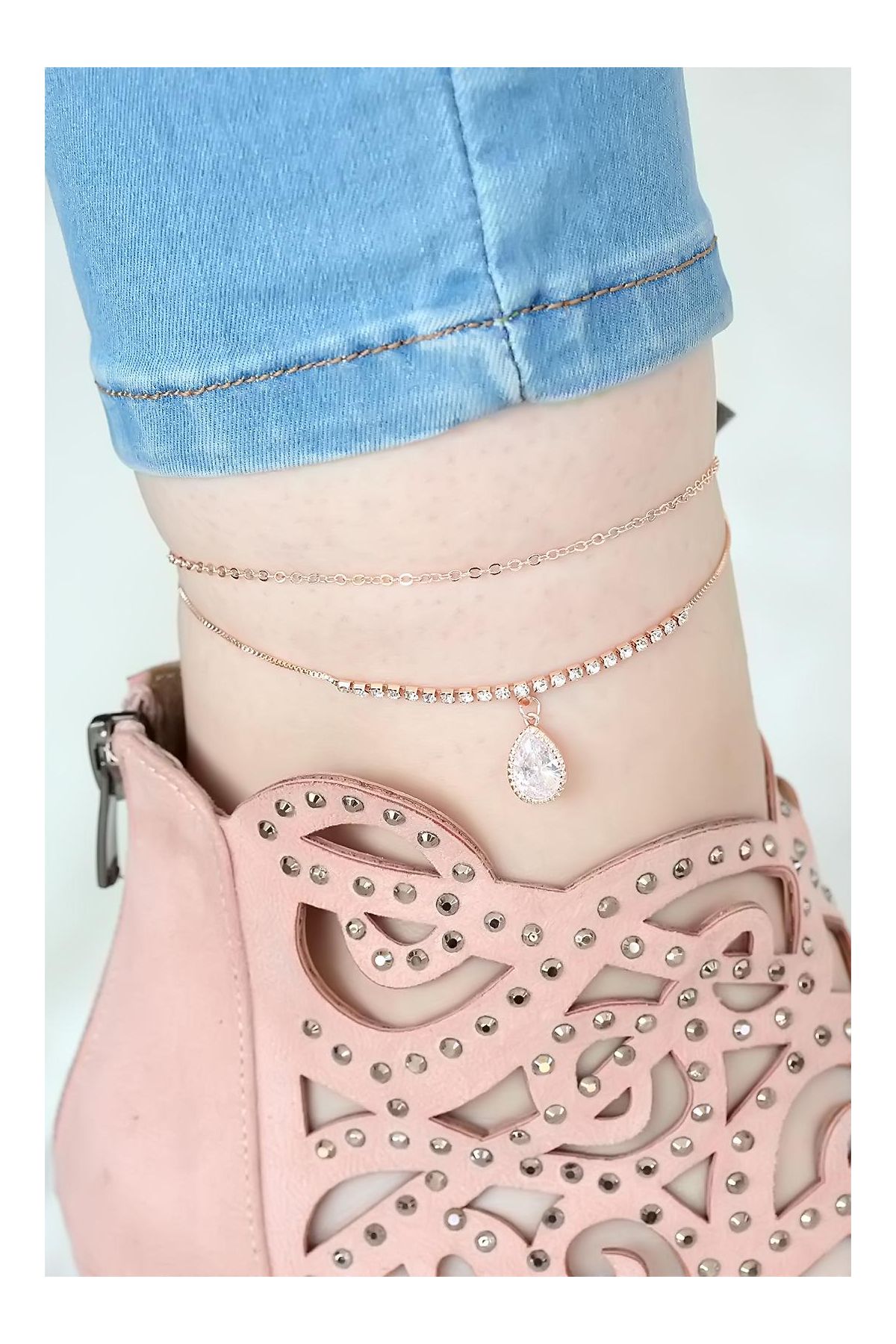 Rose Renk Çift Zincirli Damla Taşlı Hal Hal - TJ-HH821-KS