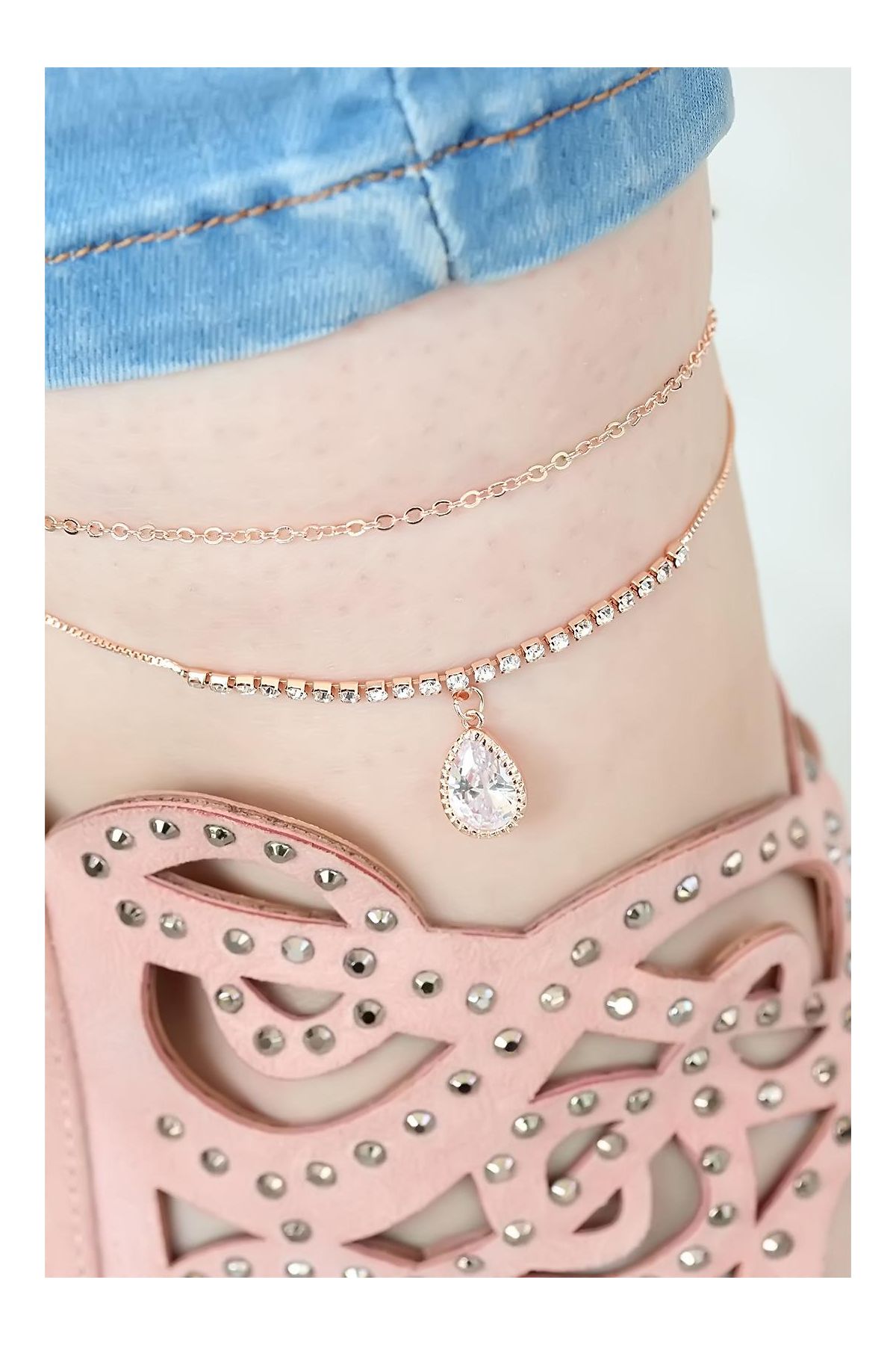 Rose Renk Çift Zincirli Damla Taşlı Hal Hal - TJ-HH821-KS