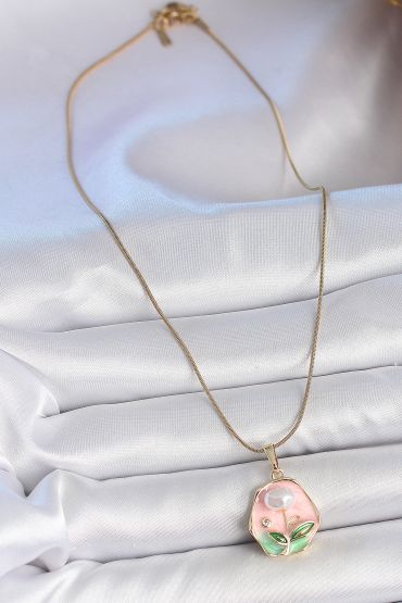 316L Çelik Gold Renk Zincir Pembe Çiçek İşlemeli İnci Detay Portre Model Kadın Kolye - TJ-BKO10125