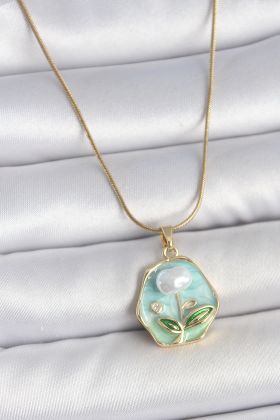 316L Çelik Gold Renk Zincir Mavi Çiçek İşlemeli İnci İşlemeli Portre Model Kadın Kolye - TJ-BKO10126