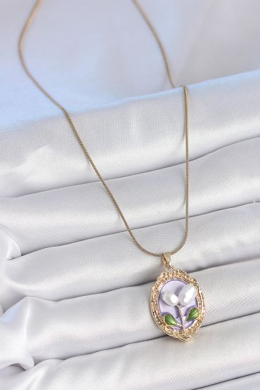 316L Çelik Gold Renk Mor İncili Çiçek İşlemeli Portre Model Kadın Kolye - TJ-BKO10146
