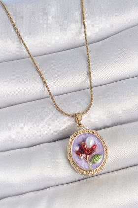 316L Çelik Gold Renk Zincir Mor Mineli İncili Çiçek İşlemeli Portre Model Kadın Kolye - TJ-BKO10156