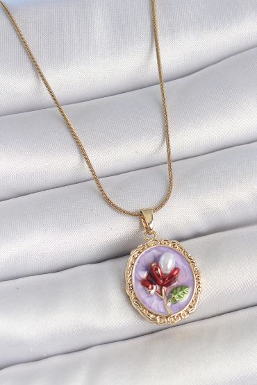 316L Çelik Gold Renk Zincir Mor Mineli İncili Çiçek İşlemeli Portre Model Kadın Kolye - TJ-BKO10156