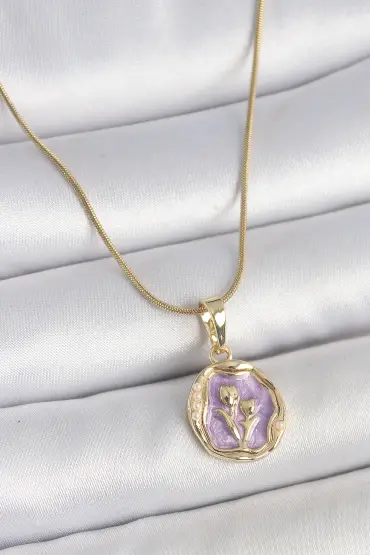 316L Çelik Gold Renk Zincir Mor Mineli Çiçek İşlemeli Portre Model Kadın Kolye - TJ-BKO10164