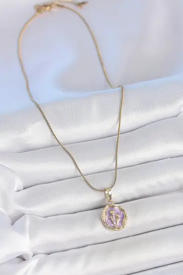 316L Çelik Gold Renk Zincir Mor Mineli Çiçek İşlemeli Portre Model Kadın Kolye - TJ-BKO10164