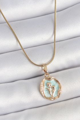 316L Çelik Gold Renk Zincir Turkuaz Mineli Çiçek İşlemeli Portre Model Kadın Kolye - TJ-BKO10166