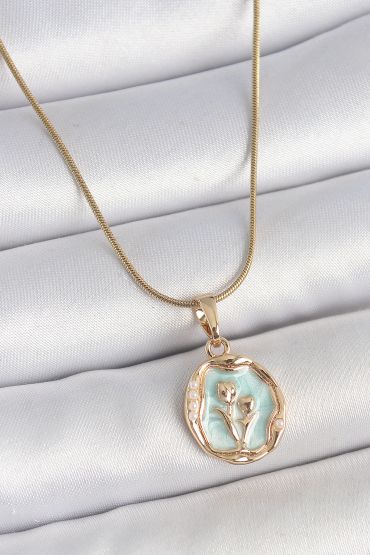 316L Çelik Gold Renk Zincir Turkuaz Mineli Çiçek İşlemeli Portre Model Kadın Kolye - TJ-BKO10166