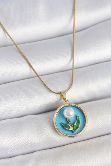 316L Çelik Gold Renk Zincir Mavi Mineli İncili Çiçek İşlemeli Portre Model Kadın Kolye - TJ-BKO10168