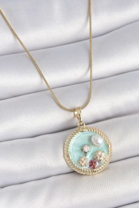 316L Çelik Gold Renk Zincir Mavi Mineli İnci Çiçek İşlemeli Zirkon Taş Detaylı Madalyon Model Kadın Kolye - TJ-BKO10174