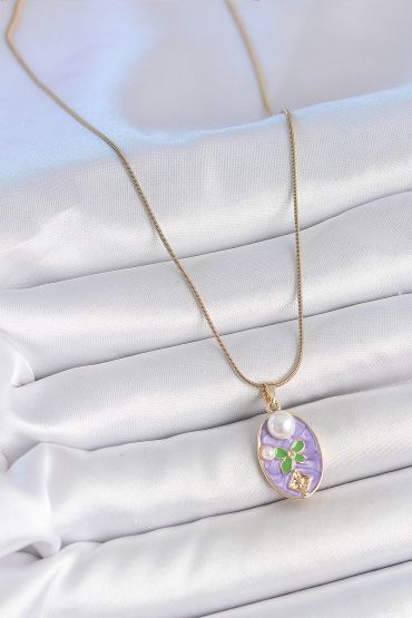 316L Çelik Gold Renk Zincir Mor Mineli Oval İncili Çiçek İşlemeli Portre Model Kadın Kolye - TJ-BKO10177