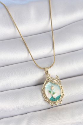 316L Çelik Gold Renk Zincir Mavi Mineli Çiçek İşlemeli Zirkon Taş Detaylı Portre Model Kadın Kolye - TJ-BKO10183