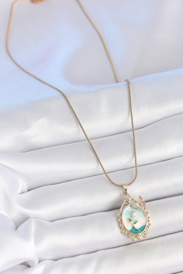 316L Çelik Gold Renk Zincir Mavi Mineli Çiçek İşlemeli Zirkon Taş Detaylı Portre Model Kadın Kolye - TJ-BKO10183