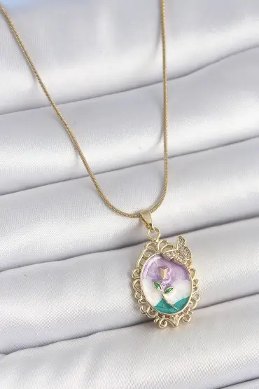 316L Çelik Gold Renk Zincir Mix Renk Mineli Çiçek İşlemeli Zirkon Taş Detaylı Portre Model Kadın Kolye - TJ-BKO10184