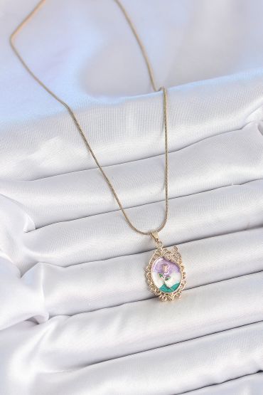 316L Çelik Gold Renk Zincir Mix Renk Mineli Çiçek İşlemeli Zirkon Taş Detaylı Portre Model Kadın Kolye - TJ-BKO10184