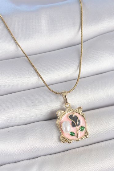 316L Çelik Gold Renk Zincir Pembe Mineli Çiçek İşlemli İnci Detay Portre Model Kadın Kolye - TJ-BKO10185