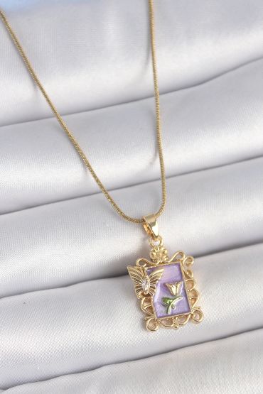 316L Çelik Gold Renk Zincir Mor Mineli Çiçek İşlemeli Zirkon Taşlı Kelebek Detay Portre Model Kadın Kolye - TJ-BKO10190