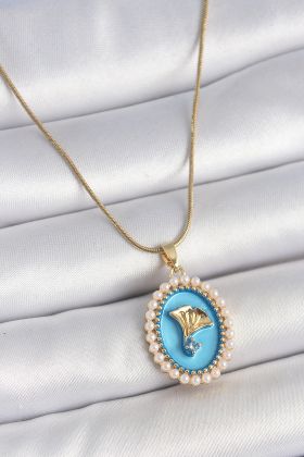 316L Çelik Gold Renk Zincir Mavi Mineli İncili Zirkon Taşlı Çiçek İşlemeli Portre Model Kadın Kolye - TJ-BKO10196