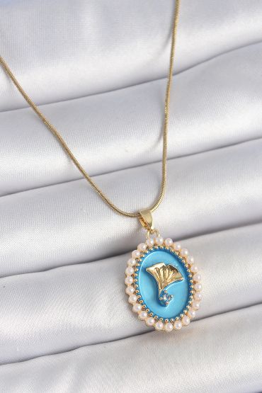 316L Çelik Gold Renk Zincir Mavi Mineli İncili Zirkon Taşlı Çiçek İşlemeli Portre Model Kadın Kolye - TJ-BKO10196