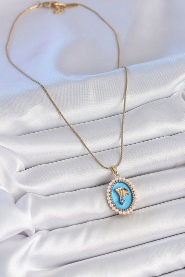 316L Çelik Gold Renk Zincir Mavi Mineli İncili Zirkon Taşlı Çiçek İşlemeli Portre Model Kadın Kolye - TJ-BKO10196