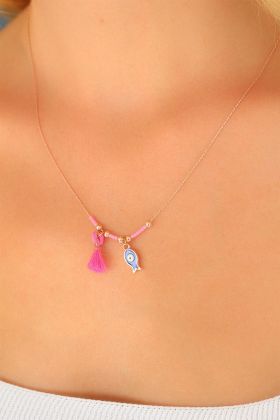 Nazar Boncuklu Pembe Renk Taşlı Rose Bayan Kolye - TJ-BKO4372