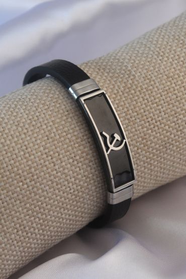 Siyah Metal Çekiç Orak Model Siyah Deri Erkek Bileklik - TJ-EB3574