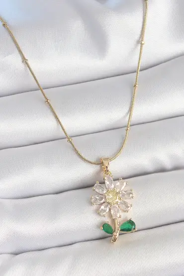 316L Çelik Gold Renk Minimal Topçuk Zincir Zirkon Taşlı Papatya Model Kadın Kolye - TJ-BKO10204