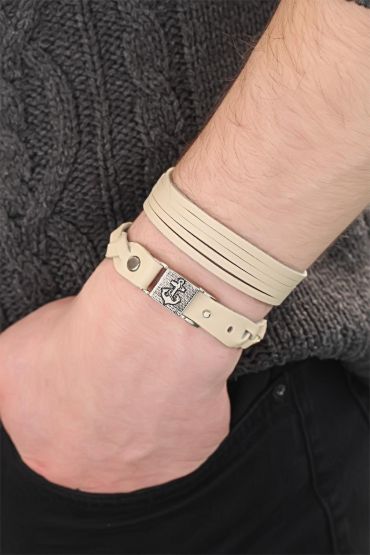 Krem Renk Deri Erkek Bileklik Kombin - TJ-EB2799
