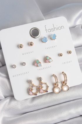 Pirinç Gold Renk Zirkon Taşlı Sallantı Halka Figür Kalp Detay 7 Çift Kadın Küpe - TJ-BKP10533