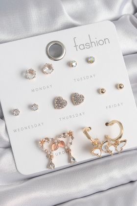 Pirinç Gold Renk Zirkon Taşlı Sallantılı Kalp Figür Kelebek Detay 7 Çift Kadın Küpe Seti - TJ-BKP10539