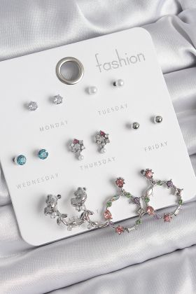 Pirinç Gümüş Renk Zirkon Taşlı Gül Figür Halka Model 7 Çift Kadın Küpe Seti - TJ-BKP10544